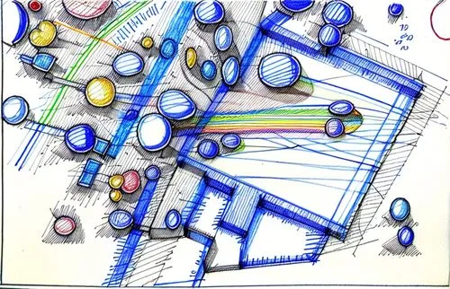 diagrammatic mapping, keep the blue as blue, colored pencil sketch, colorful, blue, hand drawn,colourful pencils,crystal structure,sheet drawing,blueprints,circuitry,cell structure,color pencil,vector