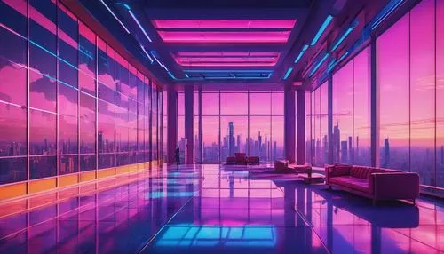 glass wall,futuristic landscape,color wall,hypermodern,colorful city,colored lights,sky apartment,vapor,aesthetic,colorful light,80's design,futuristic art museum,futuristic,synth,deco,ufo interior,modern room,3d background,sky space concept,hallway space,Conceptual Art,Sci-Fi,Sci-Fi 27