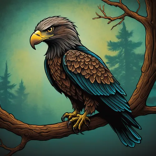 Illustrate an eagle clipart in a realistic style perched on a tree branch.,eagle illustration,eagle drawing,steppe eagle,american bald eagle,bird illustration,golden eagle,gryphon,bird of prey,eagle v