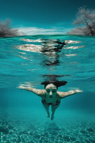 Compose a haiku capturing the beauty of the people swimming gracefully in the turquoise sea.,submerged,under the water,underwater background,freediving,synchronized swimming,under water,underwater,ope