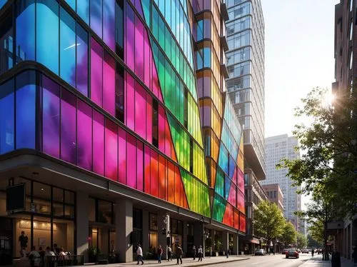 colorful facade,colorful city,glass facade,glass facades,colorful glass,andaz,shinsegae,julliard,glass building,isetan,juilliard,technicolour,colorful light,artium,rainbow color palette,tishman,omotesando,macerich,broadgate,rainbow colors