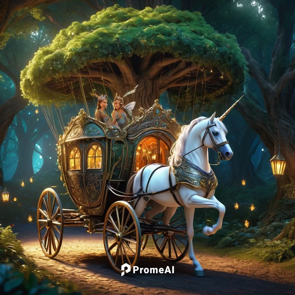 Whimsical fairy_open_carriage pulled by a unicorn, enchanted_forest_scene, enchanted_camping_scene, tree houses, warm lights, 8k resolution concept art hyperdetailed intricately detailed  :: Meticulou