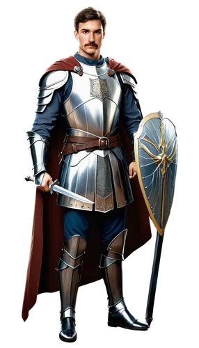 Muscular man, medieval knight, solo, (30yo), serious facial expression, short brown hair, mustache, armor suit, silver sword, shield, standing, heroic pose, dramatic lighting, cinematic composition, s