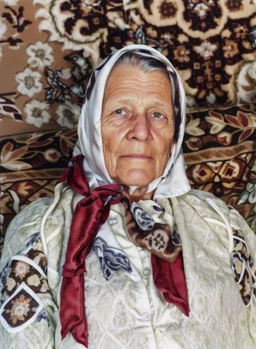 an older woman in traditional attire on the couch,bosniaks,babushkas,old woman,bosniak,uzbek,bosnian