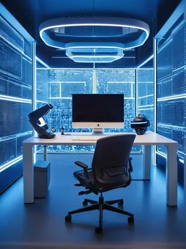 Cognitive architecture, instructional design, DOI, futuristic laboratory, sleek metallic walls, neon blue lights, holographic screens, virtual reality headset, brain-computer interface, neural network