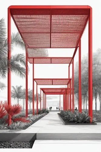 pergola,school design,red bench,archidaily,bus shelters,red border,3d rendering,walkway,garden elevation,landscape red,red roof,abu-dhabi,dhabi,abu dhabi,outdoor structure,prefabricated buildings,date palms,facade panels,bahrain,khobar,Illustration,Black and White,Black and White 35