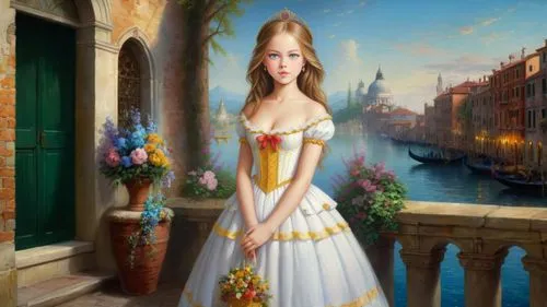 Romantic masterpiece oil painting, cute girl portrait, nostalgic 1950's style kitsch, traditional woman, tradwife, beautiful European cityscape, epic vast kingdom scenery, Venice Italian scenery, by T