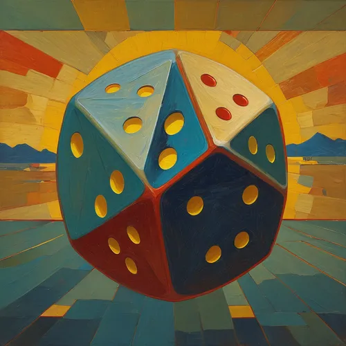 ball cube,column of dice,3-fold sun,game illustration,ball fortune tellers,abstract shapes,settlers of catan,prism ball,oil on canvas,kaleidoscope,dodecahedron,dice,sun dial,magic cube,dices,dot,vinyl dice,roll the dice,cubes,meeple,Conceptual Art,Oil color,Oil Color 16