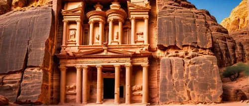 Ancient Petra architecture, intricately carved sandstone façade, majestic columns, ornate details, warm beige and orange hues, sprawling temple complex, surrounding mountains, vast desert landscape, c