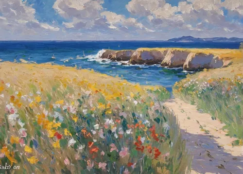 coastal landscape,beach landscape,cape marguerites,landscape with sea,cape marguerite,sea landscape,sea of flowers,meadow in pastel,claude monet,breton,lev lagorio,salt meadow landscape,field of flowers,rocky coast,blanket of flowers,australian daisies,post impressionist,beach scenery,in the early summer,sea beach-marigold,Conceptual Art,Oil color,Oil Color 10