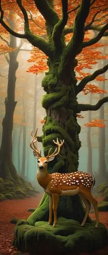 Whimsical forest, moonlight filtering through dense foliage, giant ancient trees with twisted branches, vibrant mushrooms growing on trunks, a fawn-colored deer statue, intricately carved with floral 