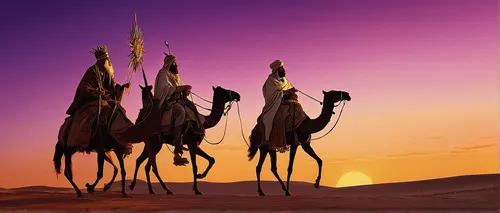 Tell a tale of three wise men traveling through a vast desert to meet baby Jesus.,dromedaries,camels,camel caravan,shadow camel,camel train,camelride,libyan desert,arabian camel,arabian horses,three w