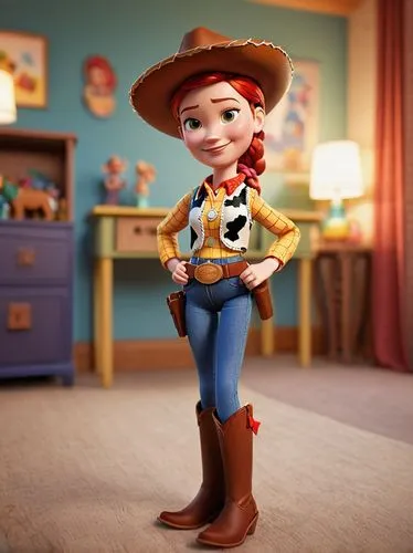 1girl, jessie from Toy Story, closeup portrait, Andy's room, looking at viewer, big smile, soft cozy warm lighting, narrow hips, Pixar 3D animation, cowboy hat, red hair, braid, bow, belt, bootleg jea