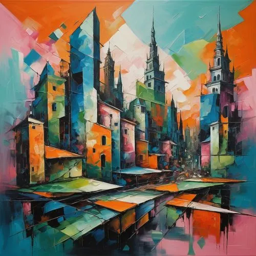 colorful city,barajneh,ciudades,cityscape,city skyline,ashrafieh,Art,Classical Oil Painting,Classical Oil Painting 35