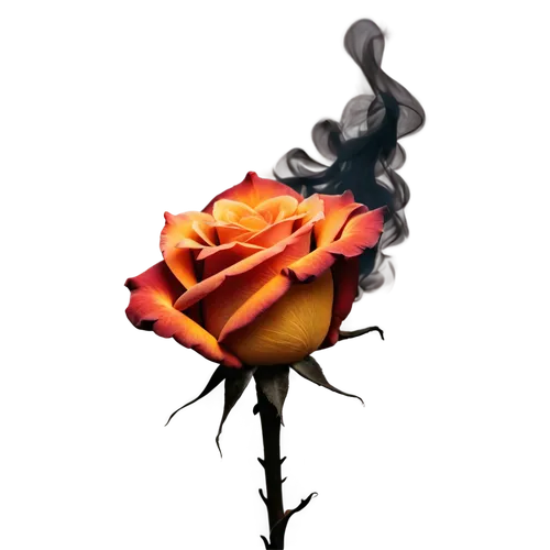 Rose on fire, red petals, flaming combustion, yellow orange blaze, smoke rising, delicate stem, black charred edges, dramatic spotlight, high contrast, 3/4 composition, shallow depth of field, warm co