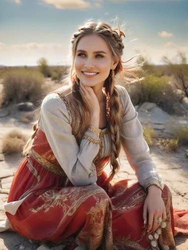 a woman with long braids and a bright smile stands in the middle of a barren wasteland, her feet resting on the ground. She wears a flowing red dress that gleams in the light. The woman's head is thro