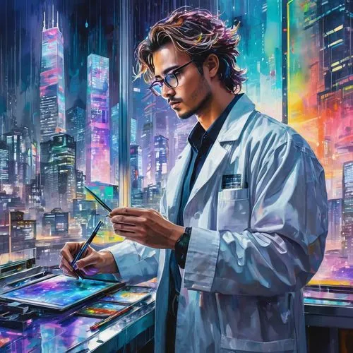 sci fiction illustration,jarvis,cyberpunk,scientist,world digital painting,biologist,man with a computer,technologist,laurenti,otacon,toxicologist,doctorandus,technological,kinkade,futurists,neuromancer,game illustration,microbiologist,sedensky,astrobiologist,Illustration,Paper based,Paper Based 25