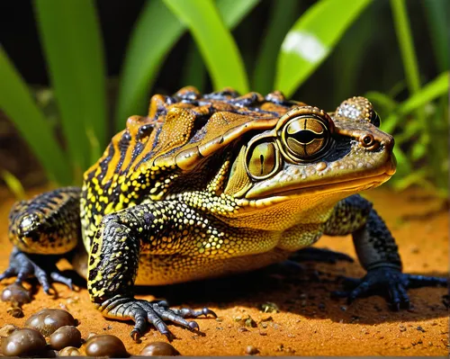 Imagine a futuristic world where genetically modified cane toads have become intelligent and wrestle for control over their habitat.,beaked toad,fire-bellied toad,malagasy taggecko,oriental fire-belli