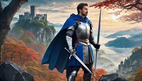 king arthur,fantasy picture,male elf,heroic fantasy,castleguard,thorin,htt pléthore,wall,fantasy warrior,bavaria,defense,knight armor,fjord,paladin,fantasy art,fantasy portrait,dane axe,digital compositing,aaa,norse,Illustration,Japanese style,Japanese Style 04