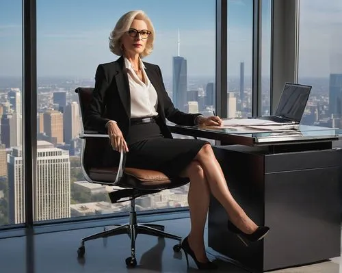 Middle-aged, mature lady, business attire, black blazer, white blouse, pencil skirt, high heels, confident posture, sitting at desk, modern office interior, glass windows, city view, skyscraper, concr