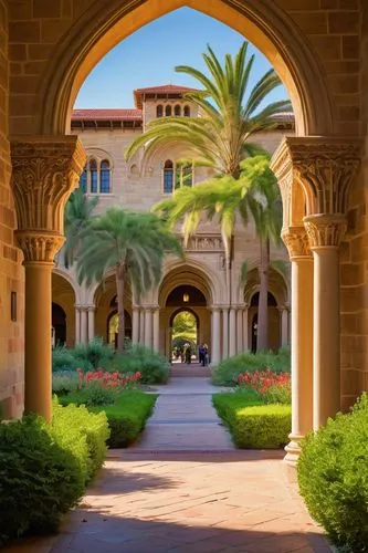 Stanford University campus, California, USA, architectural landmark, Romanesque Revival style, sandstone walls, red-tiled roofs, sprawling green lawns, palm trees lining the walkways, sunny afternoon,