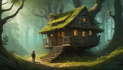 house in the forest,tree house,treehouse,witch's house,little house,lonely house,wooden house,tree house hotel,witch house,crooked house,small house,fairy house,ancient house,log home,miniature house,home landscape,cube house,small cabin,wooden hut,timber house,Illustration,Realistic Fantasy,Realistic Fantasy 28