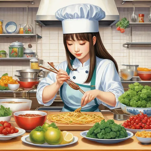 korean chinese cuisine,korean cuisine,cooking book cover,udon,korean food,korean culture,korean royal court cuisine,chinese cuisine,food and cooking,girl in the kitchen,game illustration,cooking vegetables,noodle image,asian cuisine,huaiyang cuisine,food preparation,udon noodles,taiwanese cuisine,korean,siu mei,Illustration,Realistic Fantasy,Realistic Fantasy 08