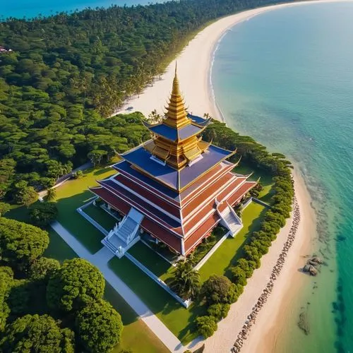 A seaside pavilion shaped like a Thai temple. The morning sunshine was beautiful.,thai temple,buddhist temple complex thailand,tailandia,hua hin,kuthodaw pagoda,songkhla,thailand,phangnga,dhammakaya p