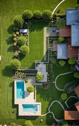 Landscape Design,top view of a backyard with pool and landscaping,landscape designers sydney,landscape design sydney,landscaped,birdview,green lawn,outdoor pool,Photography,General,Realistic