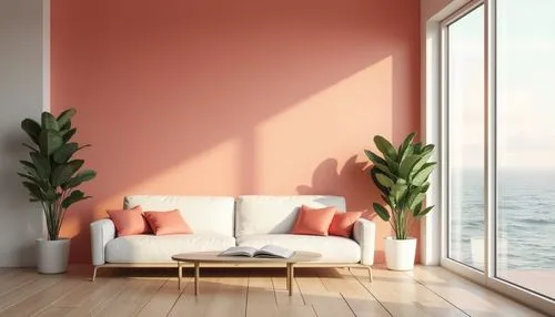 Minimalist room, coral accent wall, simple wooden floor, white sofa, coral throw pillows, minimalist coffee table, green plants, large windows, natural light, warm atmosphere, cozy reading nook, calm 