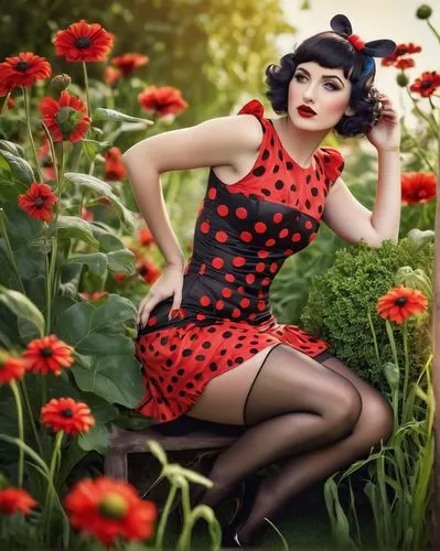 Ladybug, red and black polka dot dress, big booty, curvy legs, high heels, shiny stockings, long eyelashes, bright red lipstick, cute facial expression, hands on hips, sassy pose, garden background, c