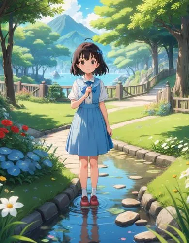 an anime girl in blue dress holding flowers,studio ghibli,kumiko,megumi,ghibli,himawari,tiribocchi,Anime,Anime,Traditional