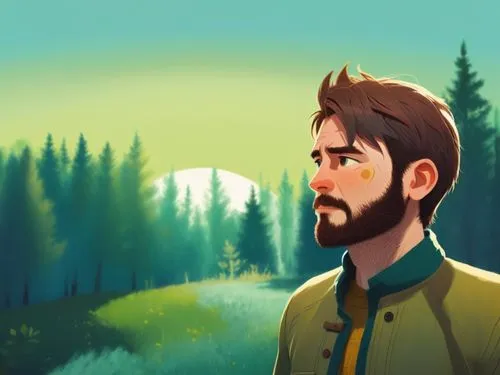 a 2d drawing, vector style of a 30 year old man,a man standing in the forest looking at soing,friedemann,kovic,game illustration,lumberman,lowpoly,game art,Illustration,Vector,Vector 08