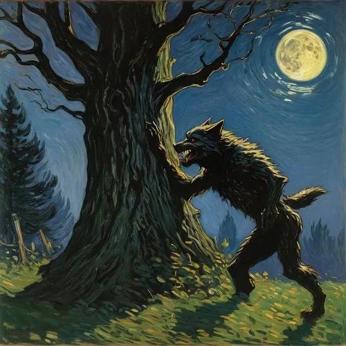 humanoid werewolf headbutting a thick tree, a 16 year old boy hiding behind the tree the werewolf headbutted,a painting depicting a large scary wolf standing next to a tree,werewolve,werewolf,wolfman,