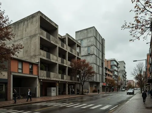 Rugged brutalist architecture, exposed concrete structures, industrial materials, bold color palette, muted earth tones, stark contrast, raw textures, urban landscapes, overcast skies, dramatic lighti