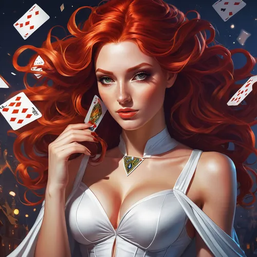 poker primrose,queen of hearts,poker set,poker,playing card,playing cards,game illustration,dice poker,red-haired,magician,red head,fantasy portrait,fantasy woman,spades,gambler,deck of cards,redhead doll,blackjack,ariel,vanessa (butterfly),Conceptual Art,Fantasy,Fantasy 21