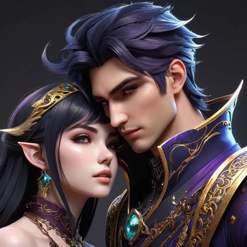 prince and princess,romantic portrait,beautiful couple,young couple,male elf,fantasy portrait,aladha,aladin,cassiopeia,adelphan,couple goal,husband and wife,wuchang,mother and father,cg artwork,couple,custom portrait,love couple,lavendar,wife and husband,Conceptual Art,Fantasy,Fantasy 15