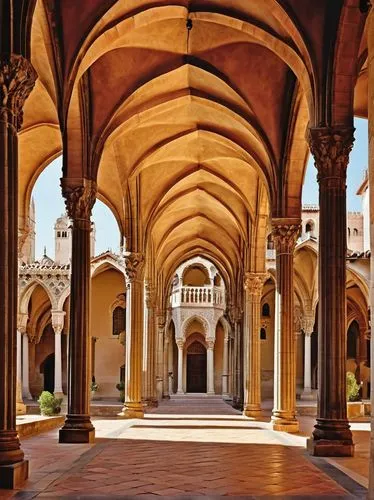 cloister,arcaded,porticos,alcazar of seville,cloisters,porticoes,colonnades,mezquita,inside courtyard,sevilla,certosa di pavia,abbazia,colonnade,convento,quadrangle,cloistered,archways,loggia,alhambra,seville,Illustration,Retro,Retro 06