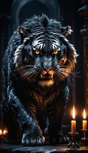 very dark background, burning candles, dark palace room, night, Black, fluffy, huge fantastic beast from another planet, on four legs, similar to a saber-toothed black tiger, strong paws, black eyes, 