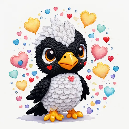 animated, crochet black Falcon, detailed, water colours, kawaii, fire flies, bubbles, tiny hearts, white background.,pororo the little penguin,fairy penguin,plush baby penguin,rock penguin,baby-pengui