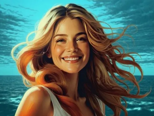 she came to me one morning big smile on her face all she was wearing was her amazing milk skin with long swirl hair in a misty sky ,a woman with a long hair smiling at the camera,wyland,donsky,edurne,