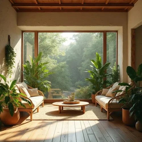 sunroom,tropical house,living room,japanese-style room,indoor,cabana,conservatory,sitting room,bamboo curtain,livingroom,houseplants,home landscape,ryokan,house plants,amanresorts,veranda,houseplant,solarium,verandah,front porch,Photography,General,Realistic