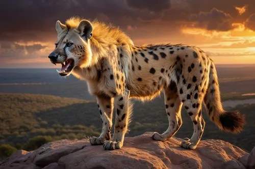 Hyena-lion hybrid, male, muscular, powerful, majestic, sharp teeth, pointed ears, golden fur with dark spots, piercing yellow eyes, strong claws, standing on a rocky cliff, savannah, sunset, warm ligh