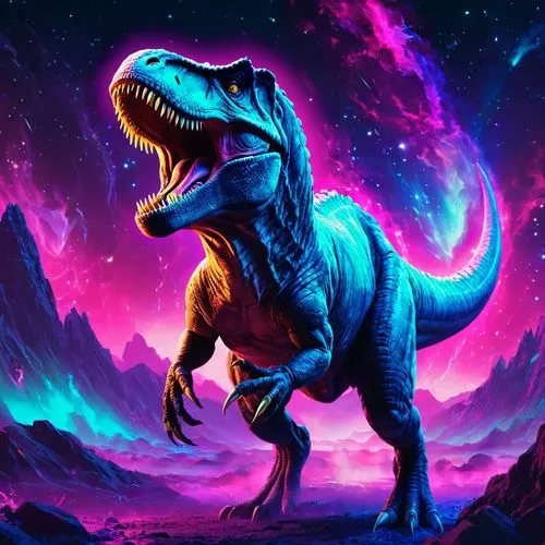 Un T-Rex rugiendo  en un espacio cósmico de luz neón,a dinosaur is walking through a colorful landscape,dino,trex,tyrannosaurus rex,dinosaruio,dinosaur,landmannahellir,Conceptual Art,Fantasy,Fantasy 0