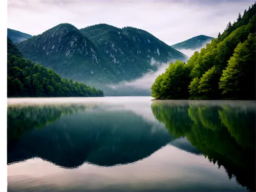 Scenic landscape, misty mountains, serene lake, calm atmosphere, vibrant green trees, fluffy white clouds, soft sunlight filtering through fog, warm color tone, cinematic composition, shallow depth of