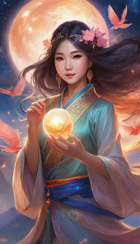 mid-autumn festival,oriental princess,lanterns,jasmine blossom,moonflower,fairy lanterns,zodiac sign libra,mulan,moon cake,oriental painting,oriental girl,lantern,chinese art,chinese lanterns,angel lanterns,chinese lantern,flame spirit,oriental,tea-lights,jasmine,Illustration,Realistic Fantasy,Realistic Fantasy 01