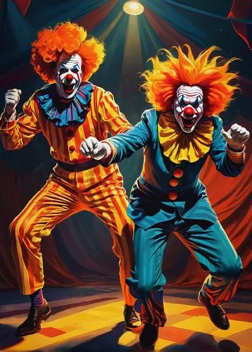 Two clowns, bright orange wigs, red noses, colorful oversized clothes, exaggerated facial expressions, intense punching, kicking, slapping, messy background, circus tent, spotlight shining down, drama