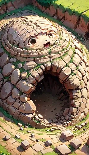 mound of dead harappa, 8k image,a stylized painting of a giant, stone structure,vikramshila,charcoal kiln,temazcal,chakram,stone oven,semi circle arch,Anime,Anime,Traditional