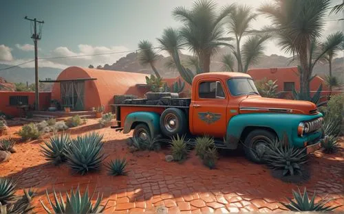 Modern Mexican Interior Design, Living Room, vibrant Mexican textiles, rustic terracotta tiles, lush indoor agave
,an orange and blue truck sitting in a yard,rust truck,cocopah,lumbago,austin truck,de