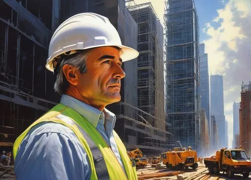 Modern skyscraper, futuristic design, steel beams, glass facade, intricate structure, urban cityscape, busy streets, cars passing by, male civil engineer, 30s, casual wear, white hard hat, reflective 